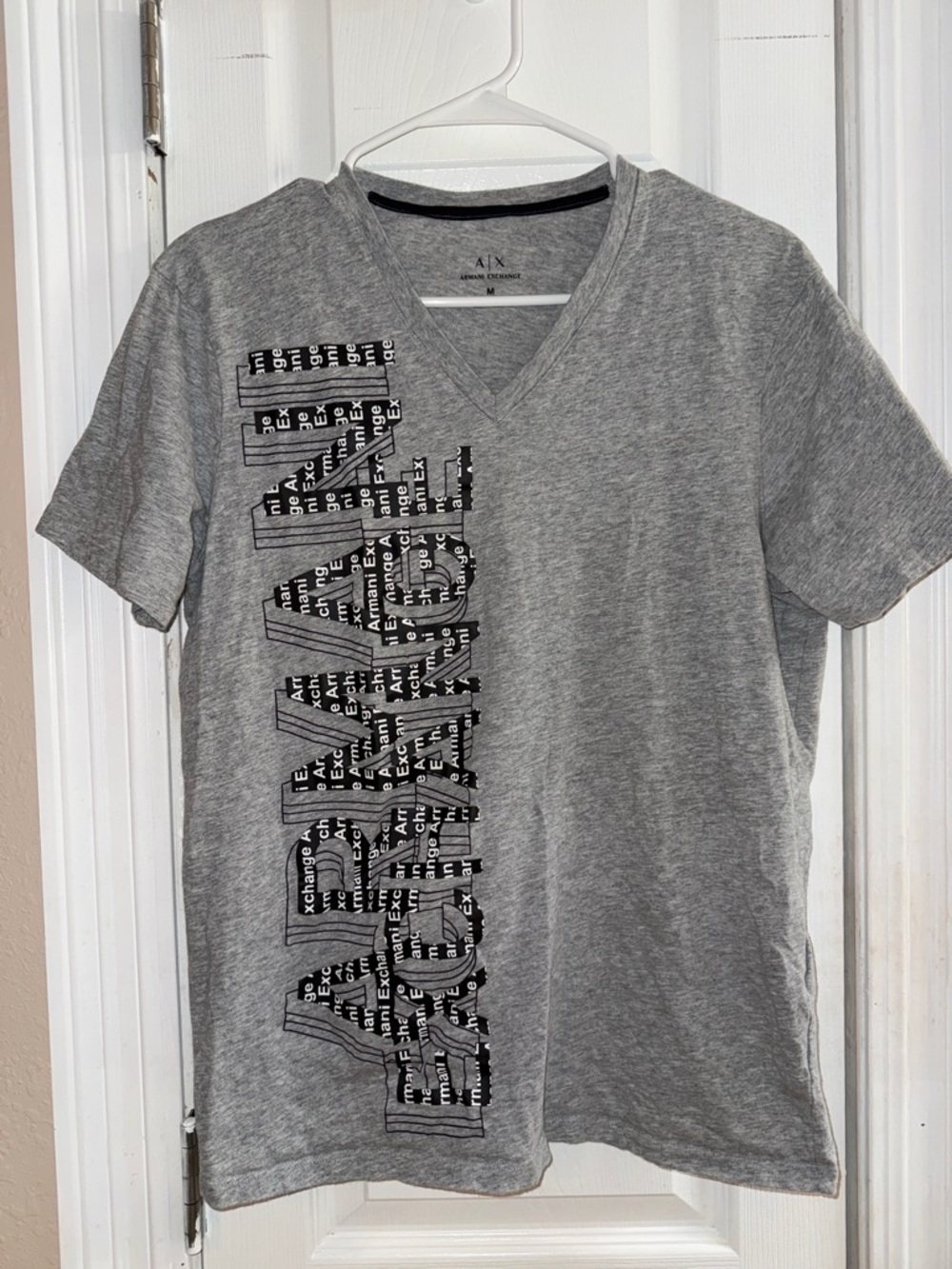 A/X Armani Exchange Gray V-Neck Tee with Black Logo Panel